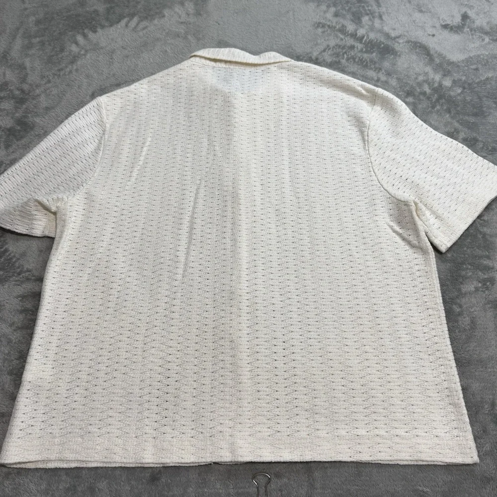Zara Geometric Jacquard Button Shirt Mens L White Coastal Summer Beach Boho